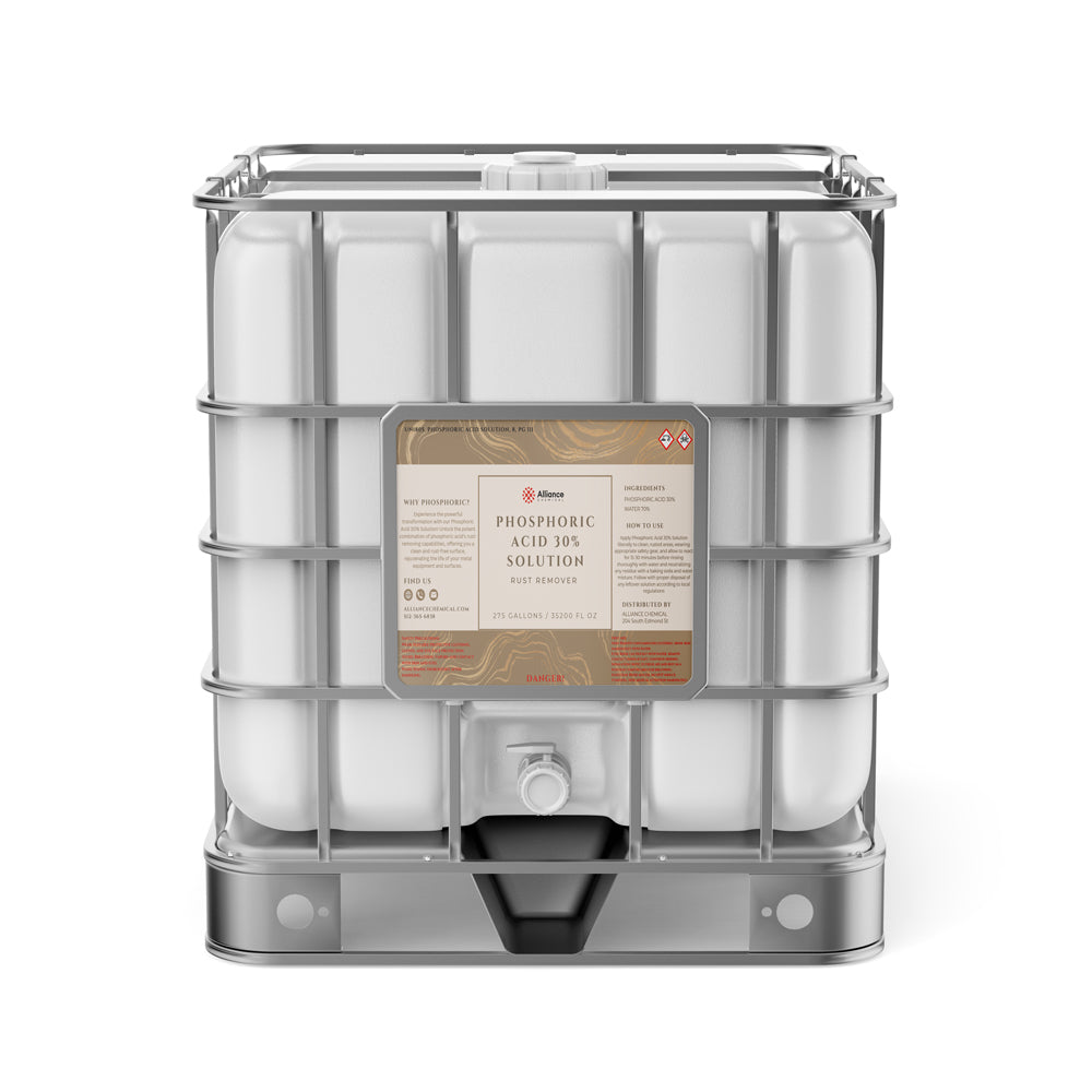 275-gallon IBC tote of Phosphoric Acid 30% Solution rust remover with hazard warning label, metal cage frame, and bottom discharge valve.